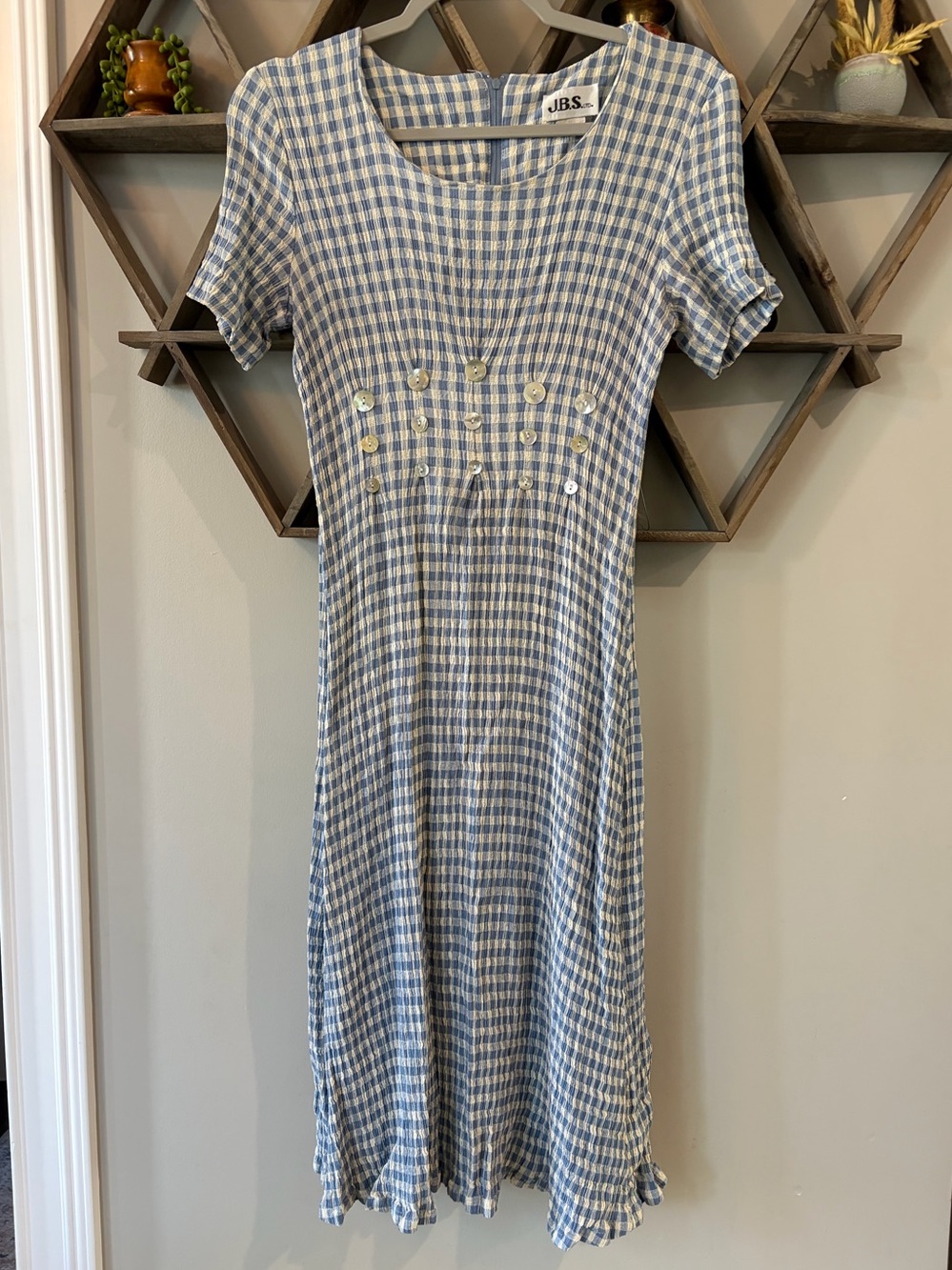 Vintage J.B.S. A-line stretchy midi dress blue and white gingham. Size small.
